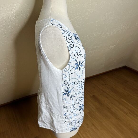 Luca Vanucci Top Womens Small Linen White Blue Floral Stitching Sleeveless - Picture 5 of 8